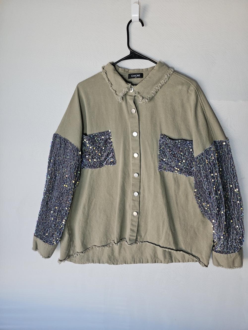 CHICME Olive Green Sequin Patchwork Raw Hem Jacket / Shacket XXL